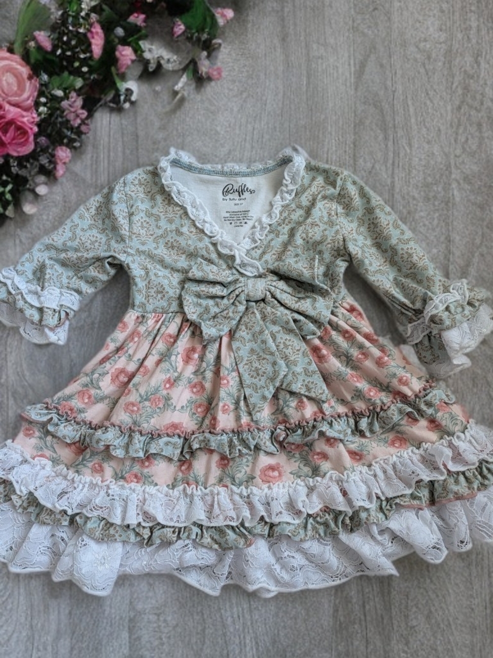Ruffle Butts Sage Green & Pink Floral Ruffle Party Dress - Picture 2 of 3